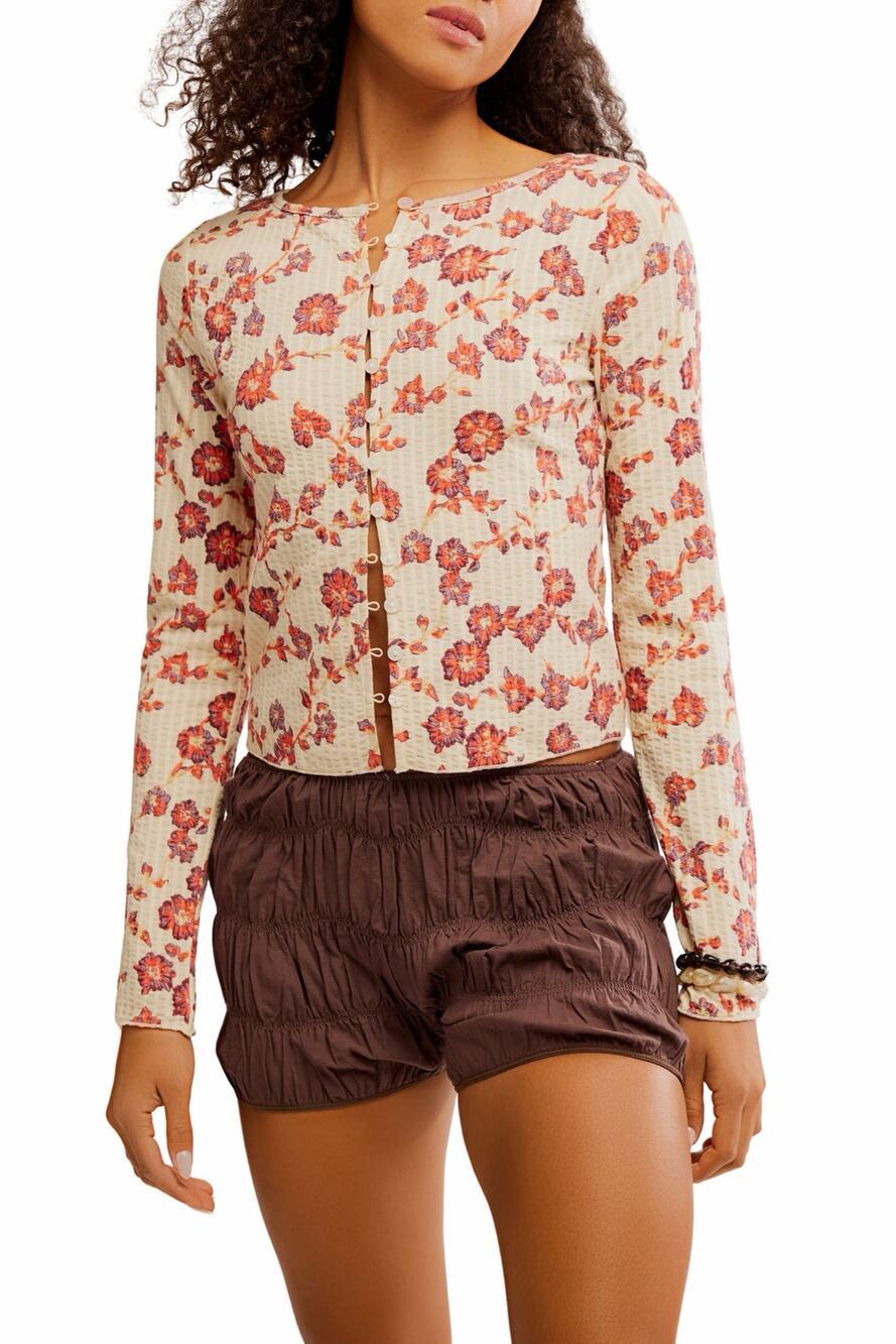 Free People Tilly Cotton Seersucker Cardigan L Tea Combo Floral Boho Cottagecore